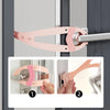 A pink adjustable pet door stopper is shown in two views, demonstrating its use for securing doors.
