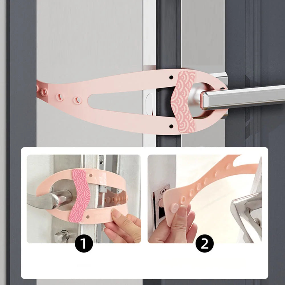 A pink adjustable pet door stopper is shown in two views, demonstrating its use for securing doors.