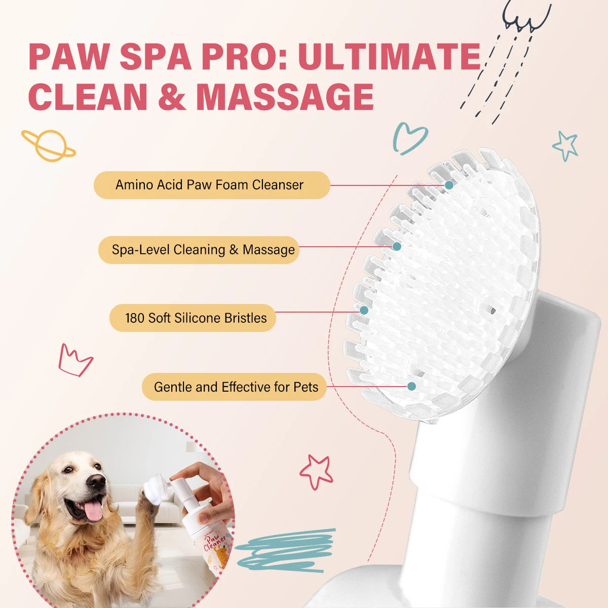 A white pet paw spa tool with silicone bristles is shown next to a dog's paw.