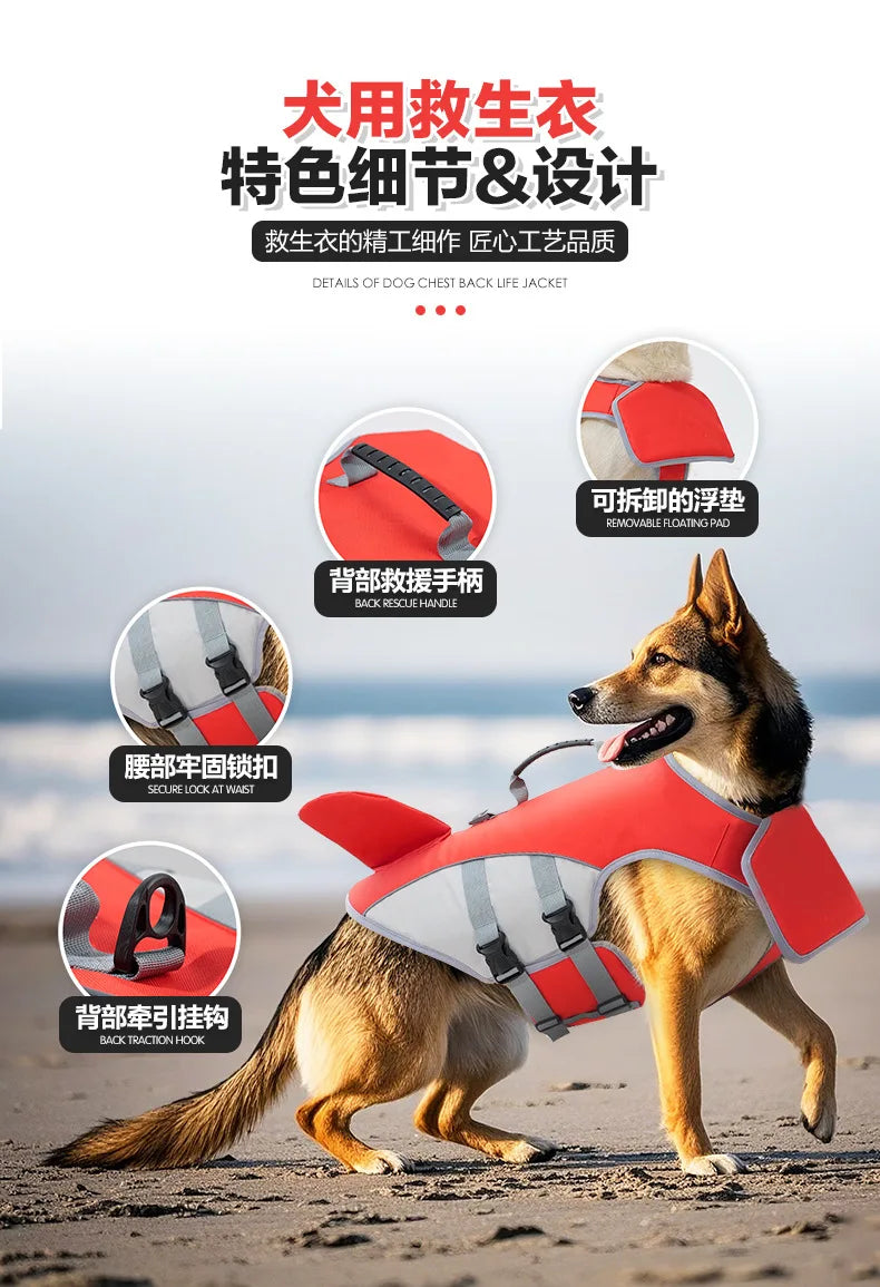 Un chien doré portant une gilet de sauvetage rouge et gris conçu pour la sécurité et le remorquage, vu de profil.
