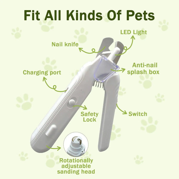 A white 2-in-1 pet nail clipper and grinder tool showing various features like a charging port, safety lock, LED light, switc