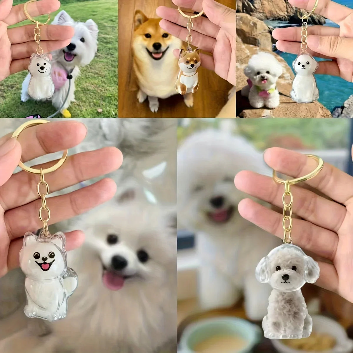A collection of transparent pet hair memorial keychains featuring various dog breeds and pets.
