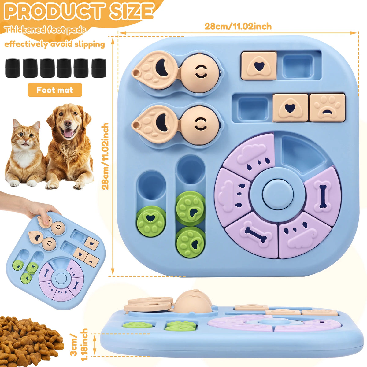 A blue interactive dog puzzle toy with various food-themed silicone pieces and a non-slip base shown next to a cat and a dog.