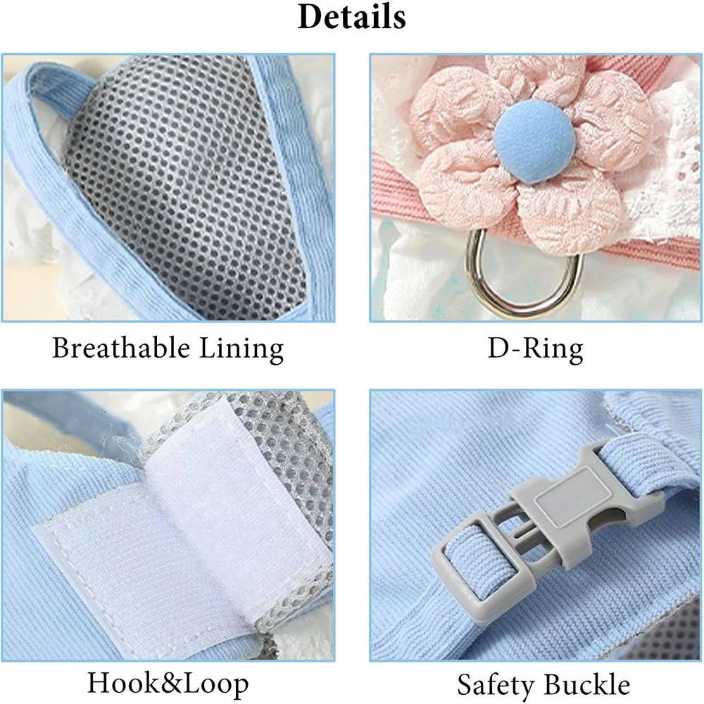 Details of an elegant princess cat harness and leash set showing breathable lining, D-ring, hook&loop, and safety buckle feat