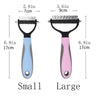 A comparison of a small and large stainless steel dematting comb for cats and dogs, showing their sizes and colors.