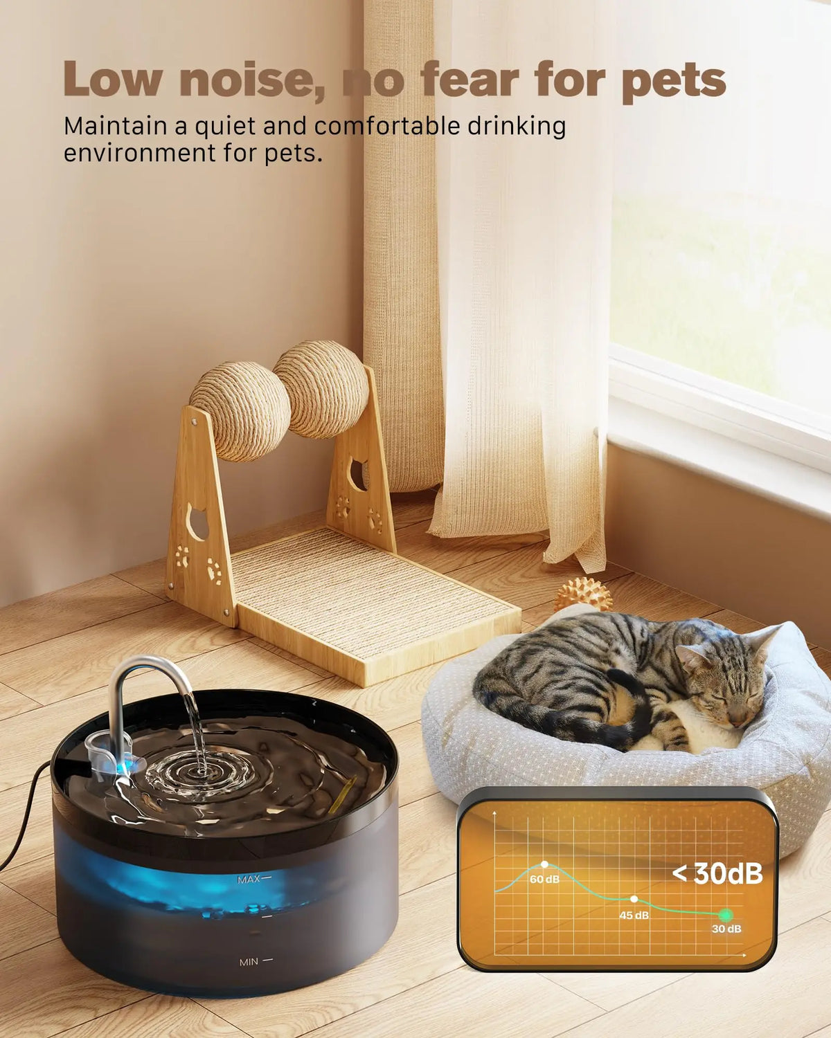 Fontaine à eau automatique pour animaux avec une base sombre et de l'eau claire qui coule, placée près d'un chat.