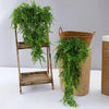A set of four artificial Persian fern hanging vines displayed on a wooden stand and in a woven basket.