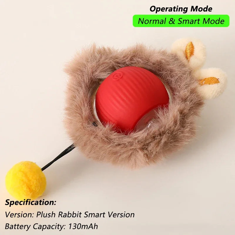 A plush rabbit smart version cat toy with a red rolling ball and yellow fluff attached.