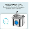 Stainless steel pet water fountain with a visible water level window and filtration system