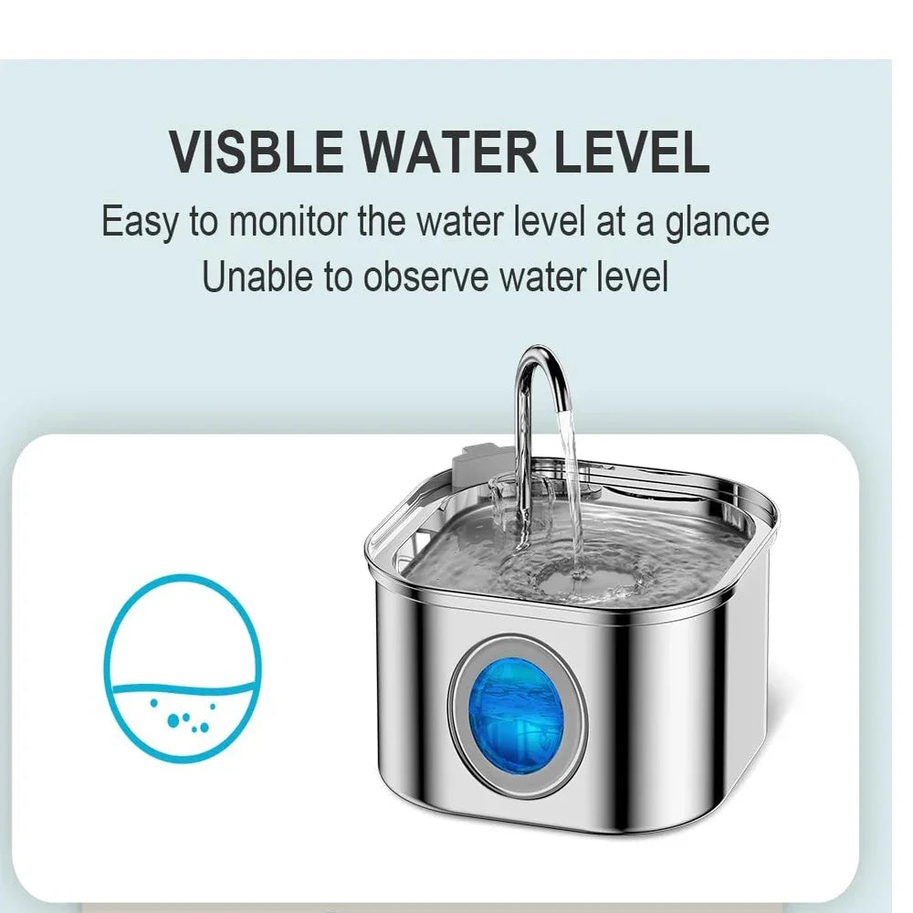Stainless steel pet water fountain with a visible water level window and filtration system