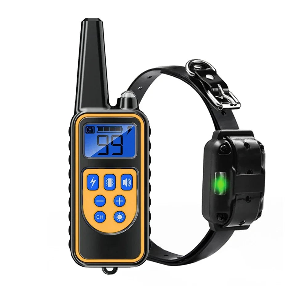 A black remote dog training collar with an LCD display and a black strap is shown.