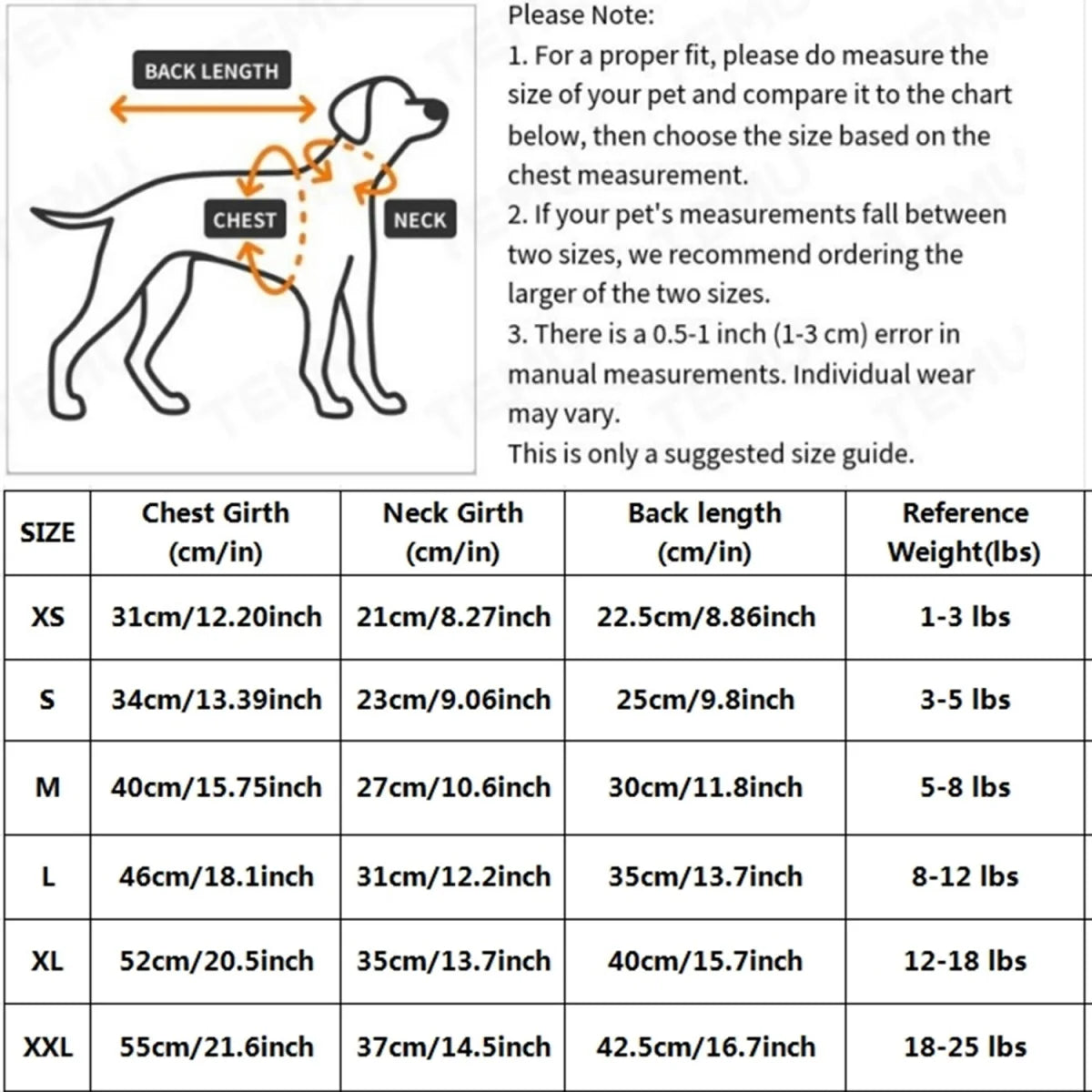 A size chart for a dog dress showing measurements for various sizes XS to XXL including chest, neck, and back length.
