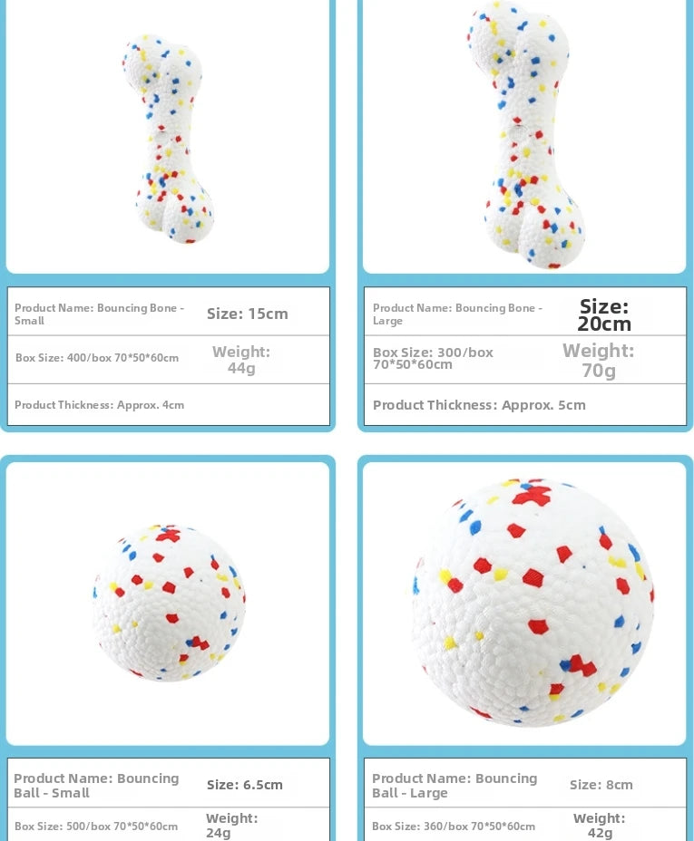 A close-up view of a white bouncing bone or ball with colorful, bite-resistant chew textures.