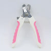 Stainless steel pet nail clippers with white handles and pink accents for dogs and cats