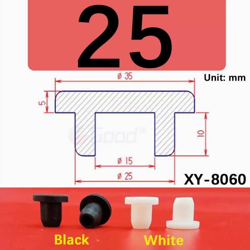Black and white silicone rubber hole plugs of various sizes shown next to the product number XY-8060