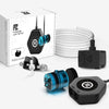 A black automatic water level top-off system for aquariums is shown with various components and a coiled white tube.