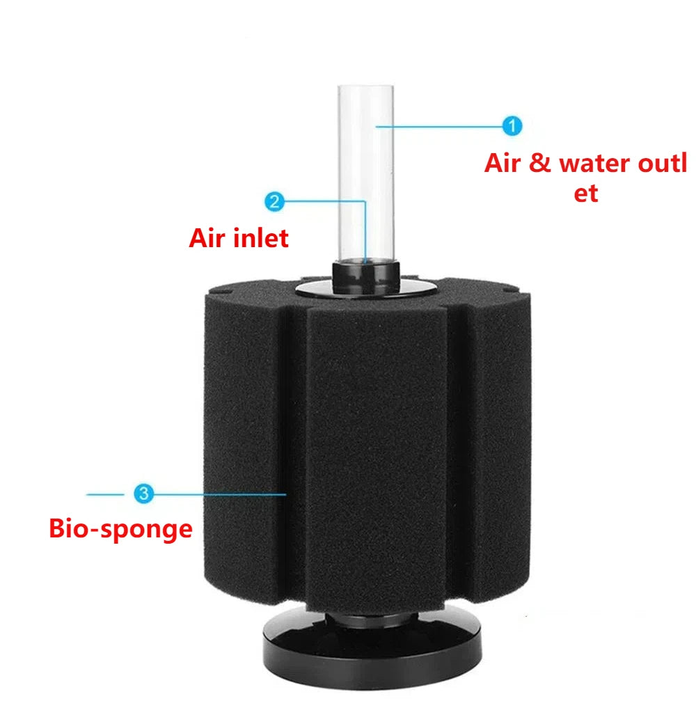 Filtre biologique noir pour pompes à air d'aquarium, avec entrée d'air et sortie d'eau.