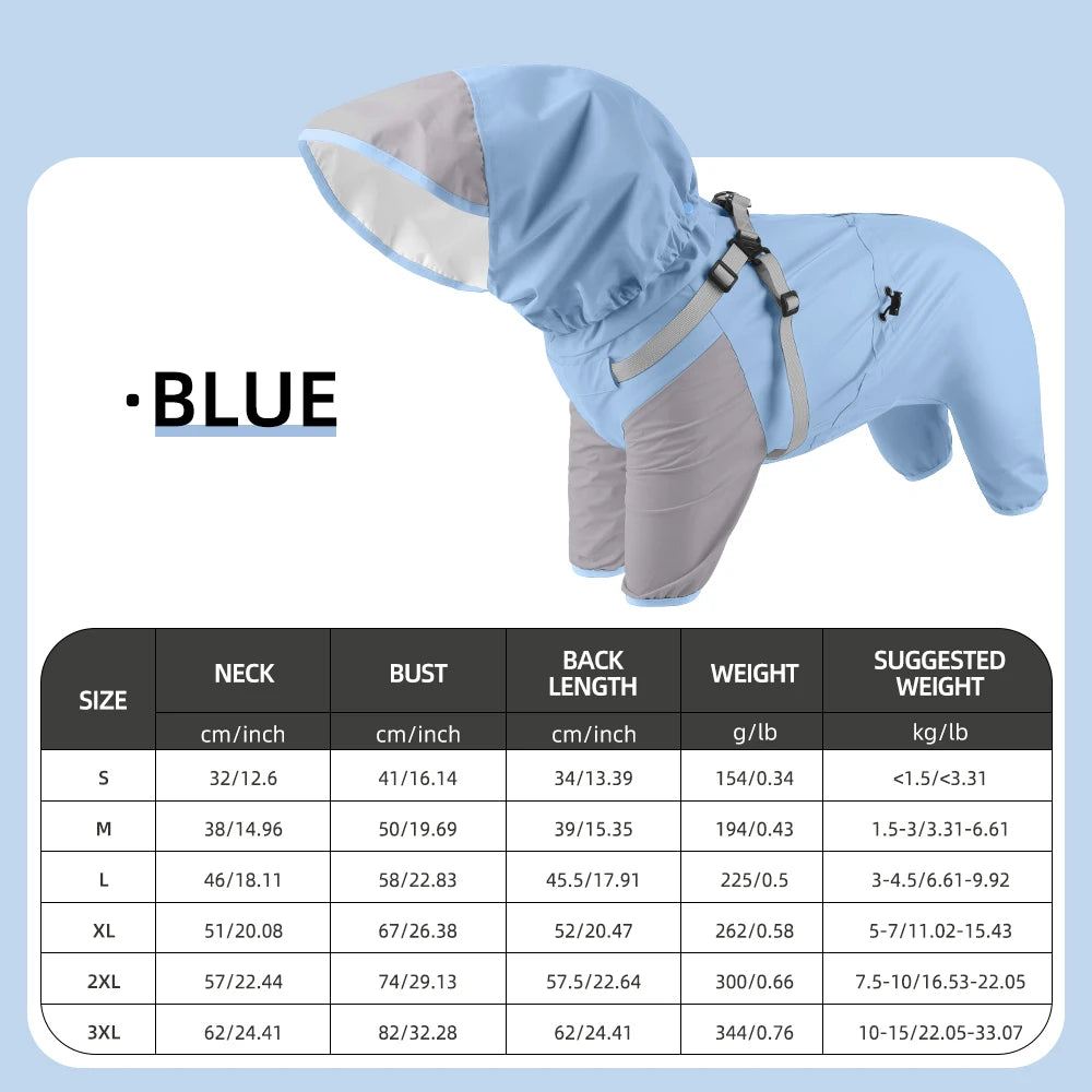 Impermeable de dos capas azul claro para mascota con capucha y arnés, sobre fondo blanco.