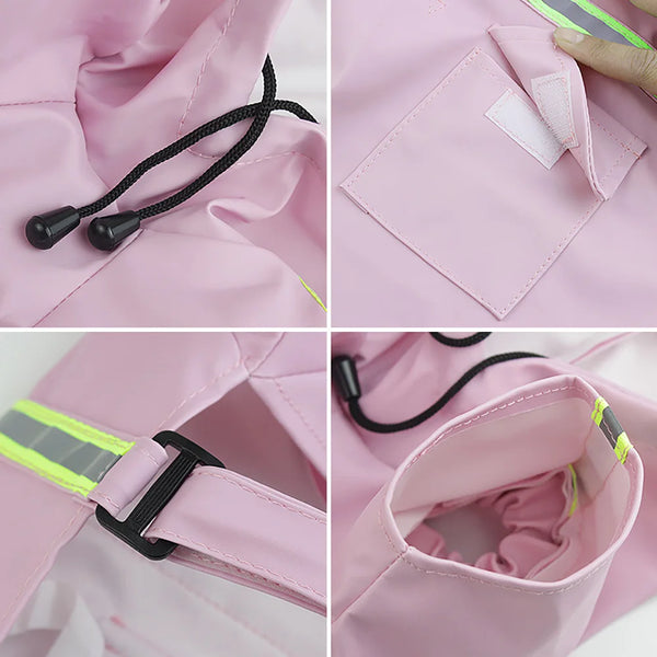 Close-up views of a pink waterproof reflective dog raincoat showing the fabric, strap details, and pocket features.