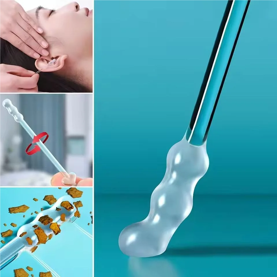 Primer plano de hisopos reutilizables para limpiar el oído, con una gota de líquido transparente abajo.