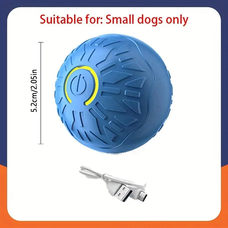 Blauer interaktiver Hundeball mit gelber Leuchte neben dem Ladekabel.