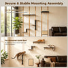 Wall-mounted cat climbing set featuring modular wooden shelves and supports for indoor use