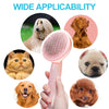 A pink one-button pet hair removal brush is shown with various dogs and cats demonstrating its wide applicability.