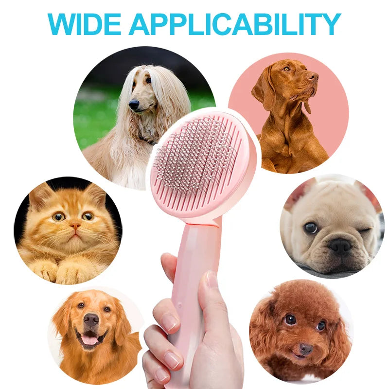 A pink one-button pet hair removal brush is shown with various dogs and cats demonstrating its wide applicability.