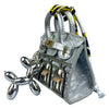 A silver handbag shaped like a house with a puppy keychain charm and striped strap.