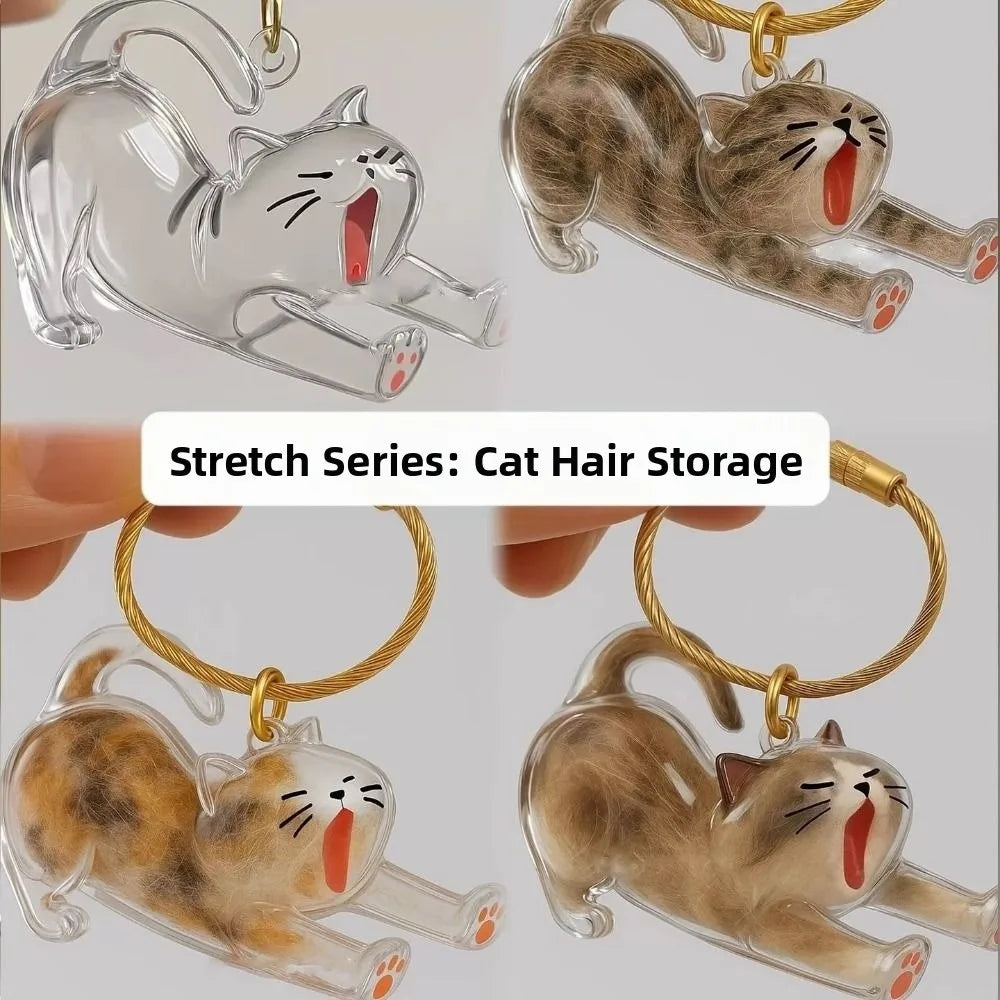 A series of transparent and solid cat figurines used as keychain storage items.