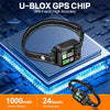 طوق شريحة U-blox GPS سوداء مع حزام، معروض على خلفية لوحة دائرة زرقاء.