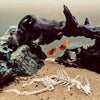 A dark, gnarled driftwood structure with small orange fish and a white dragon skeleton on a sandy seabed.