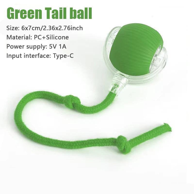 A green tail ball cat toy with a silicone rolling ball and a flexible string for play.