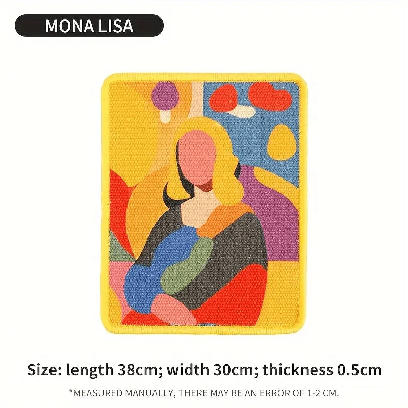 A yellow cat scratching board featuring an abstract painting of a woman's face and body.