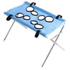 Blue pet grooming hammock with black straps and a metal stand.