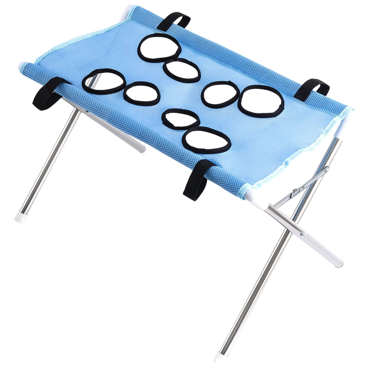 Blue pet grooming hammock with black straps and a metal stand.