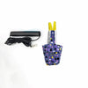 A set of adjustable parrot flight suits and leashes with yellow straps and purple patterned fabric.