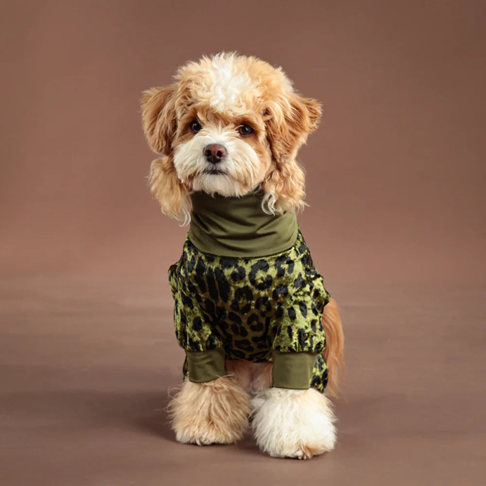 A fluffy, light brown dog wearing olive green leopard print pajamas.