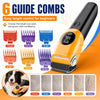 A yellow cordless pet grooming clipper with various length attachments is shown alongside samples of different blade lengths.
