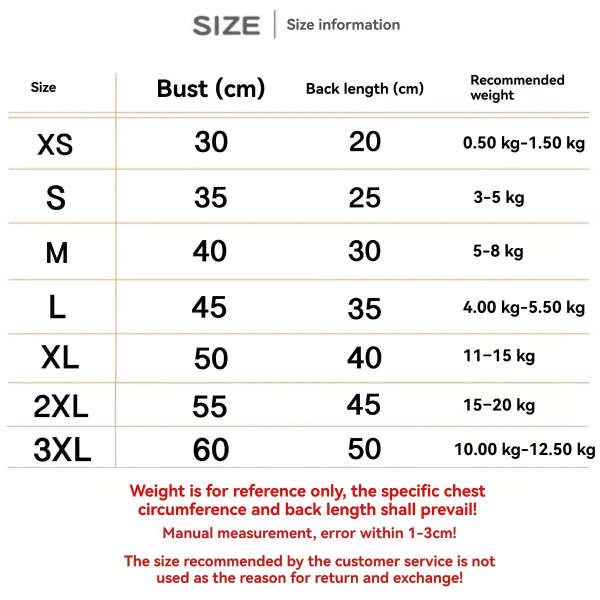 Size chart showing measurements for a floral summer dress for dogs and cats