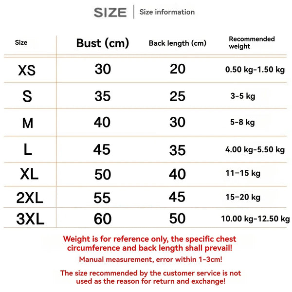 Size chart showing measurements for a floral summer dress for dogs and cats