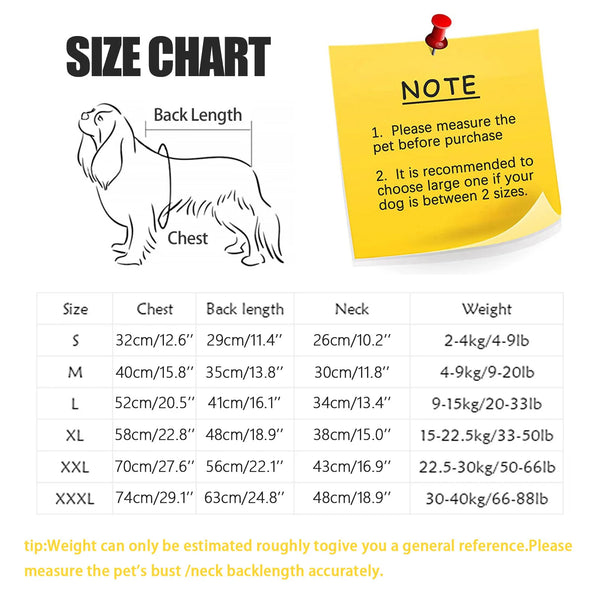 Size chart for a protective recovery suit for dog abdominal wounds showing measurements for various dog sizes.
