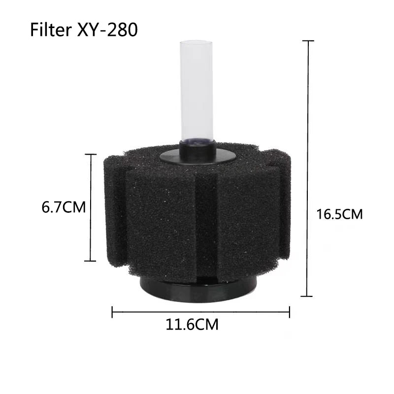 A black biochemical sponge filter with a clear tube, shown from above.