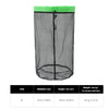 Gray mesh storage bag with a bright green drawstring closure and size specifications.
