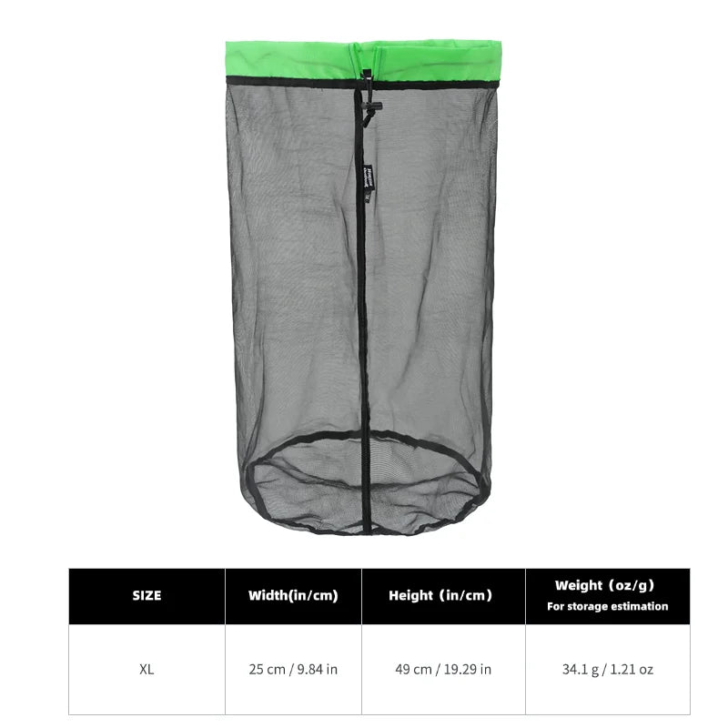 Gray mesh storage bag with a bright green drawstring closure and size specifications.