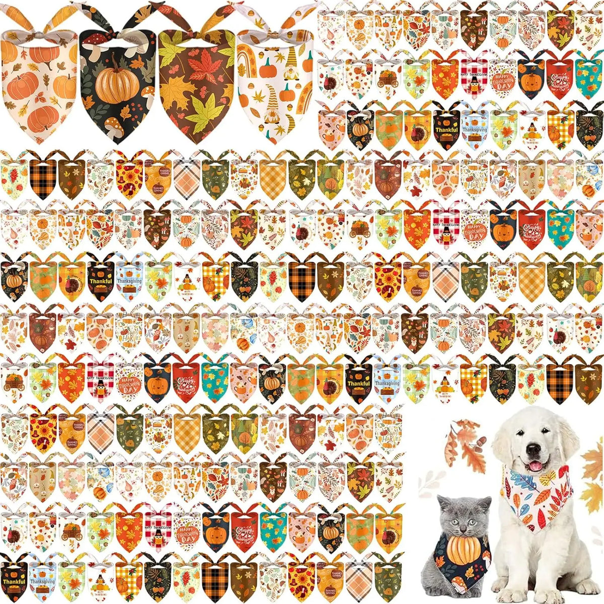 A collection of 100 donut print dog bandanas featuring various holiday patterns and designs.