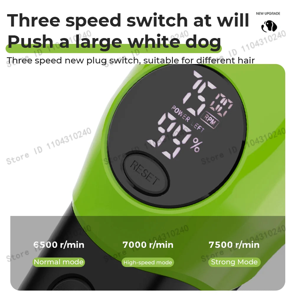A green pet hair clipper with a digital speed switch showing modes like Normal, High-speed, and Strong Mode.