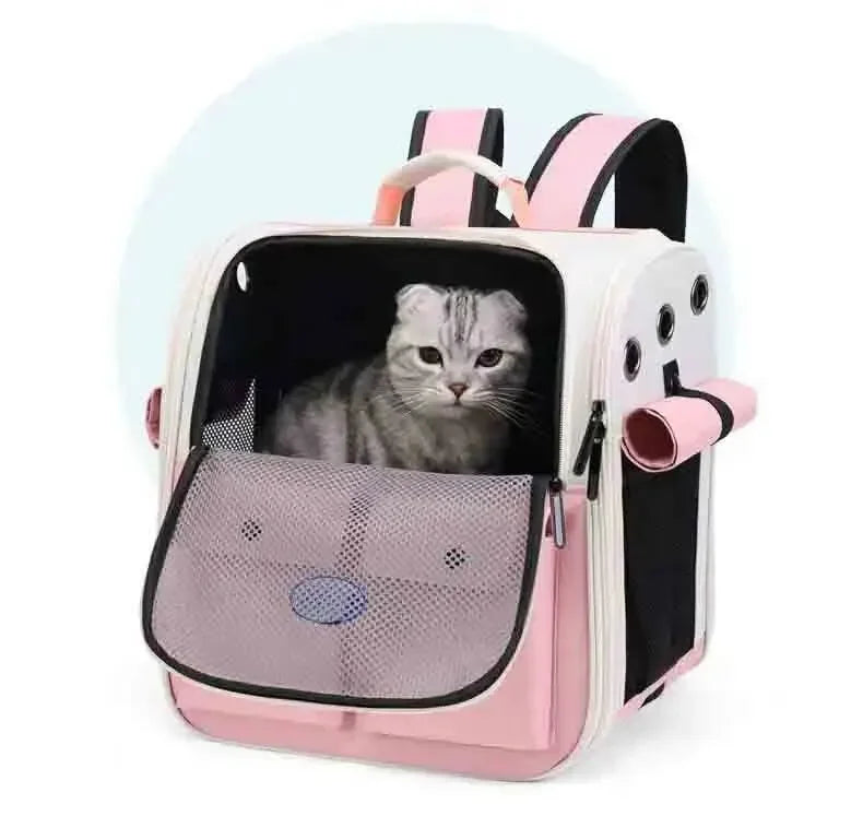 A pink and black ventilated cat carrier backpack with adjustable straps.