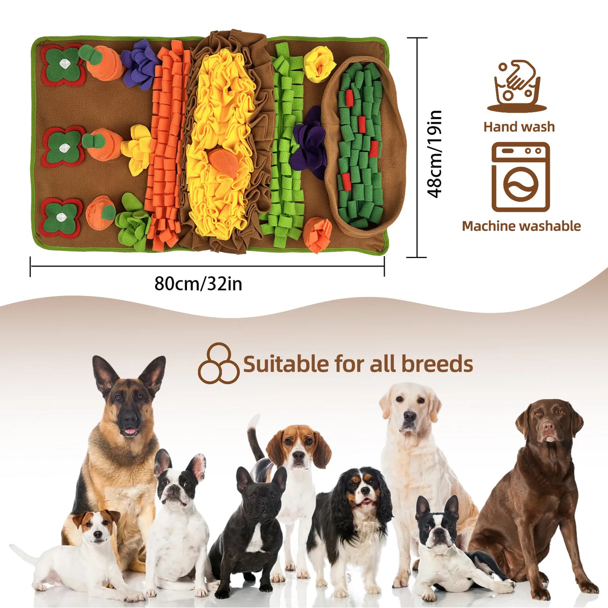 A brown pet sniffing mat with various colored fabric strips and a wooden bowl, suitable for dog training.