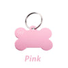 Pink bone-shaped dog ID tag with a silver keyring.